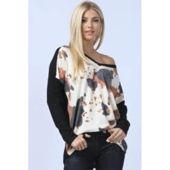 Frontier Cowboy Wear 14 Cow Print Color Block Ultra Soft Hacci Top