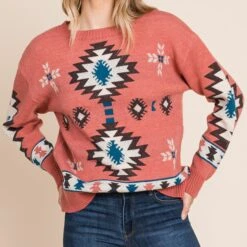 Aztec Weave Long Sleeve Knit Sweater