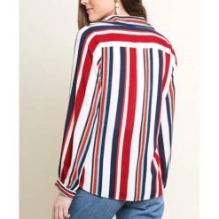 Women's Red, White And Navy Striped Long Sleeve V Neck Shirt -Frontier Cowboy Wear 28216 1