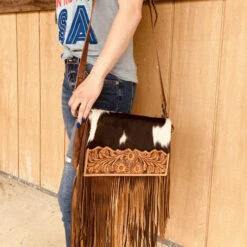 American Darling Brown White Hide And Fringe Purse 14 American Darling Brown White Hide And Fringe Purse -Frontier Cowboy Wear ADBG524BRW 1