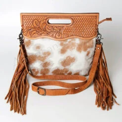 American Darling Brown & White Hide Tooled With Fringe Purse 9 American Darling Brown & White Hide Tooled With Fringe Purse -Frontier Cowboy Wear ADBGS145TAWa