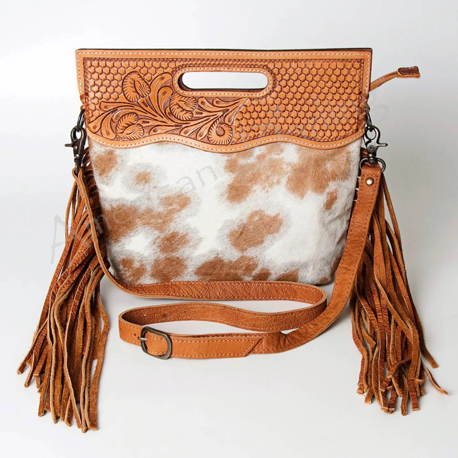 American Darling Brown & White Hide Tooled With Fringe Purse 5 American Darling Brown & White Hide Tooled With Fringe Purse - Image 3