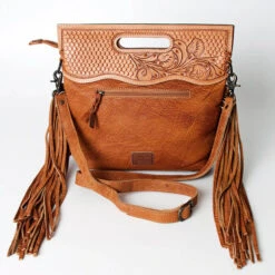 American Darling Brown & White Hide Tooled With Fringe Purse 10 American Darling Brown & White Hide Tooled With Fringe Purse -Frontier Cowboy Wear ADBGS145TAWb