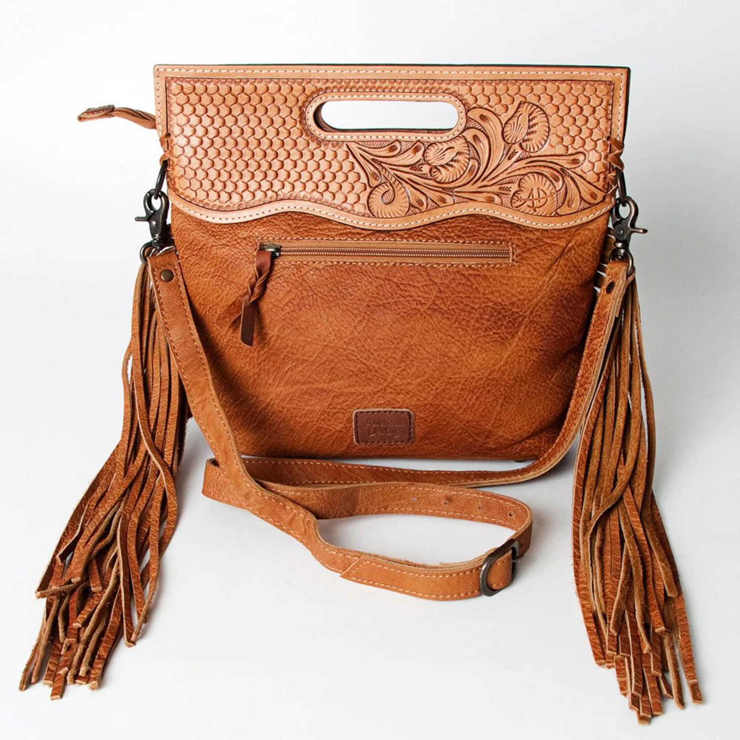 American Darling Brown & White Hide Tooled With Fringe Purse 6 American Darling Brown & White Hide Tooled With Fringe Purse - Image 4