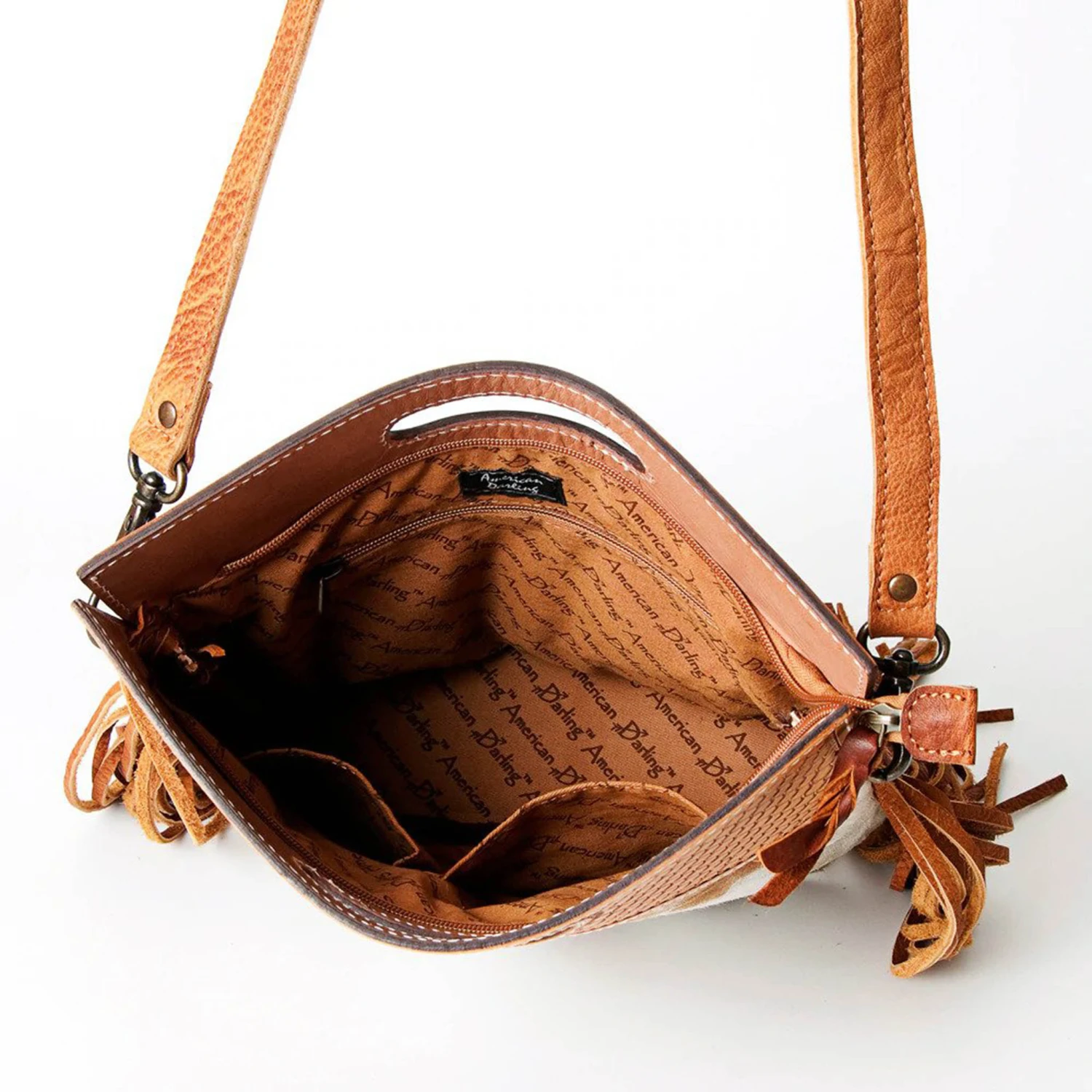American Darling Brown & White Hide Tooled With Fringe Purse 7 American Darling Brown & White Hide Tooled With Fringe Purse - Image 5