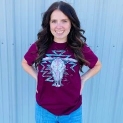 Burgundy Aztec Skull Tee -Frontier Cowboy Wear AZTECSKULLb