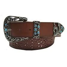 Women's Tan And Turquoise With Cutout Flower Design Belt