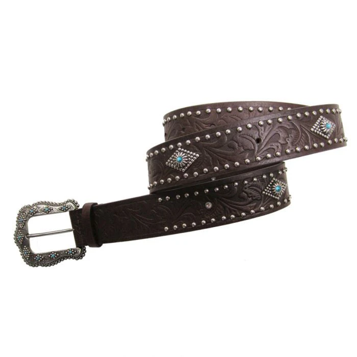 Women's Brown Tooling With Turquoise Stud On Sliver Diamond Concho Belt 3 Women's Brown Tooling With Turquoise Stud On Sliver Diamond Concho Belt