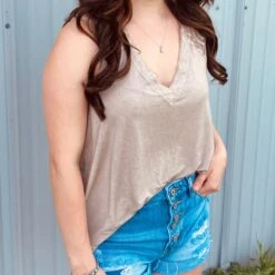 Lace Taupe Tank -Frontier Cowboy Wear FKT448d
