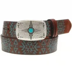 Hooey Ladies Leather Belt-Brown/Turq Embossed