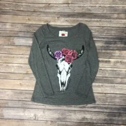 Grey Skull And Flowers Long Sleeve Shirt