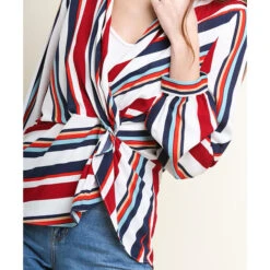 Women's Red, White And Navy Striped Long Sleeve V Neck Shirt -Frontier Cowboy Wear L5252U front