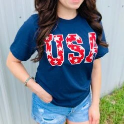 Navy USA Glitter Tee -Frontier Cowboy Wear USAGLITTERFLAGb